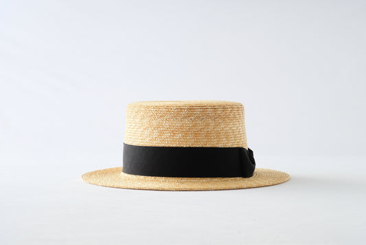 Petit Customization: Wheat Braid Boater Hat in Ecru with Black Ribbon