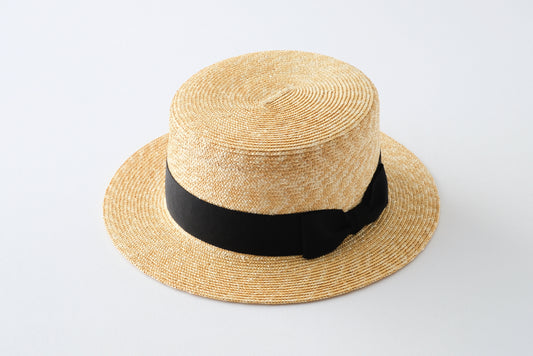 Petit Customization: Wheat Braid Boater Hat in Ecru with Black Ribbon